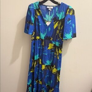 Christopher John Rogers Blue and Yellow Artistic Midi Dress